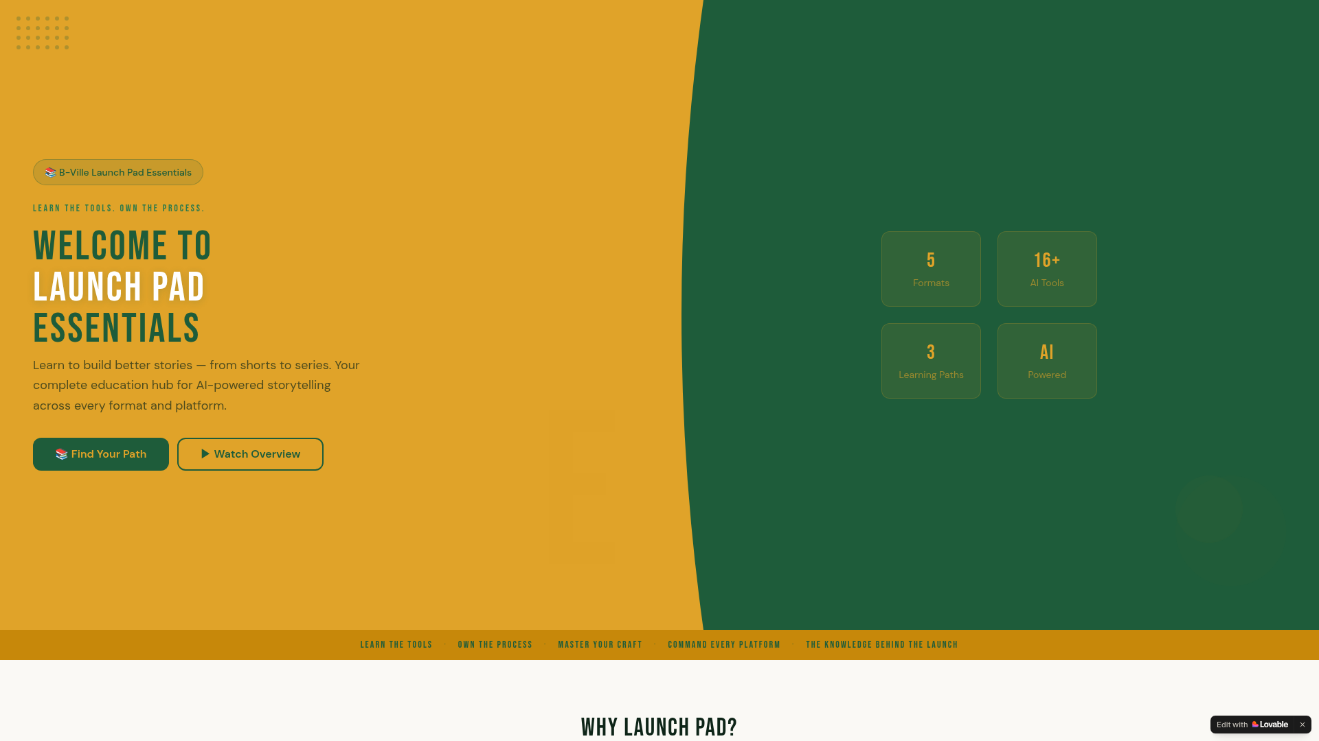 Launch Pad Essentials homepage showing its learning paths and AI storytelling tools