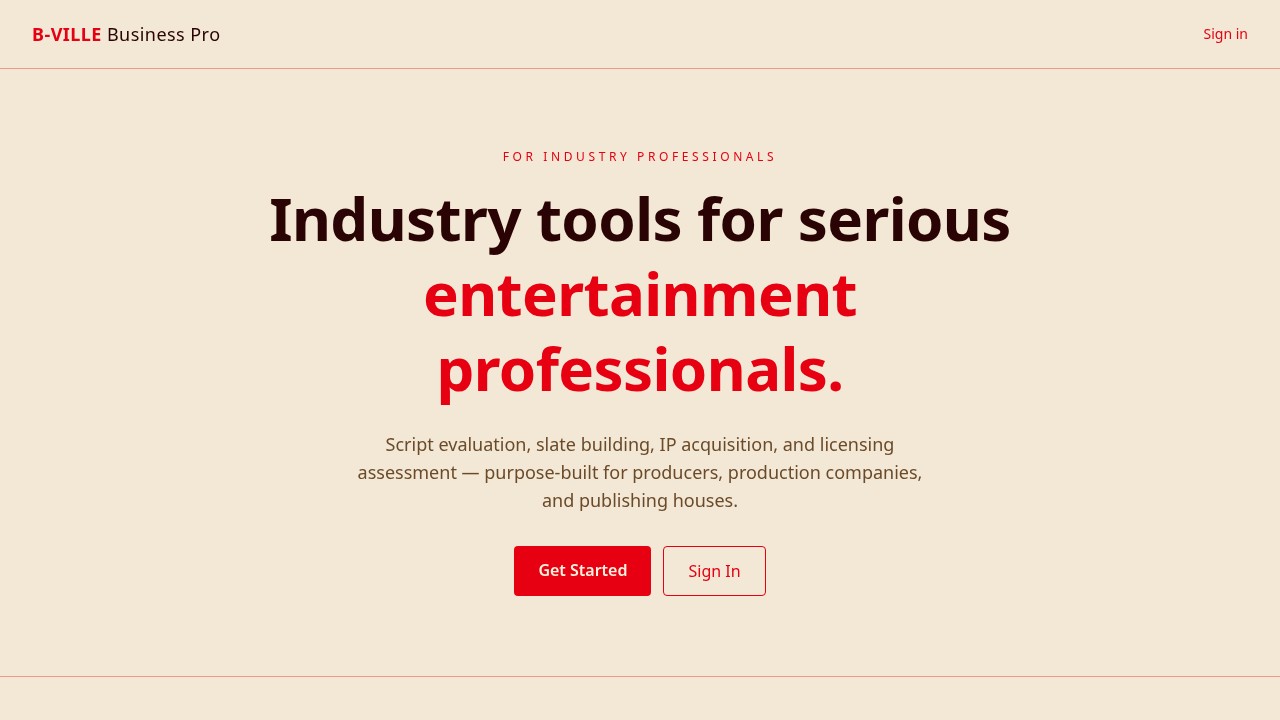 B-Ville Business Pro homepage showing industry tools for entertainment professionals
