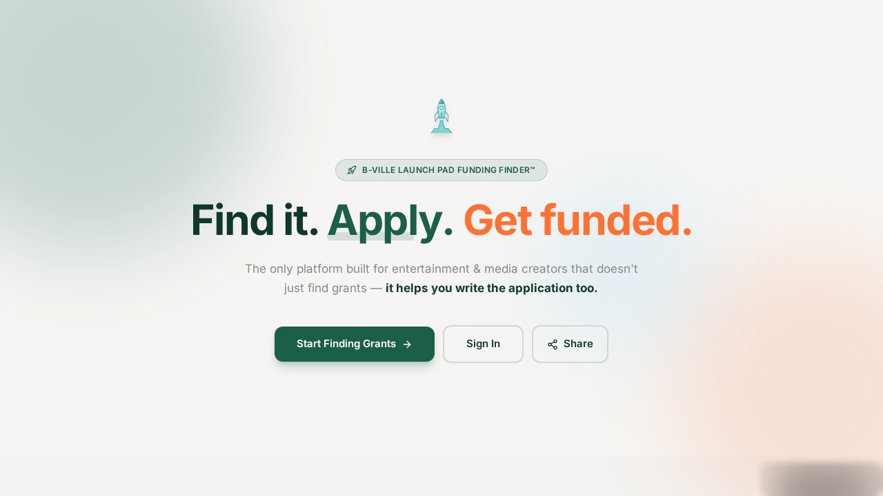 B-Ville Launch Pad Funding Finder homepage showing grant discovery and application tools