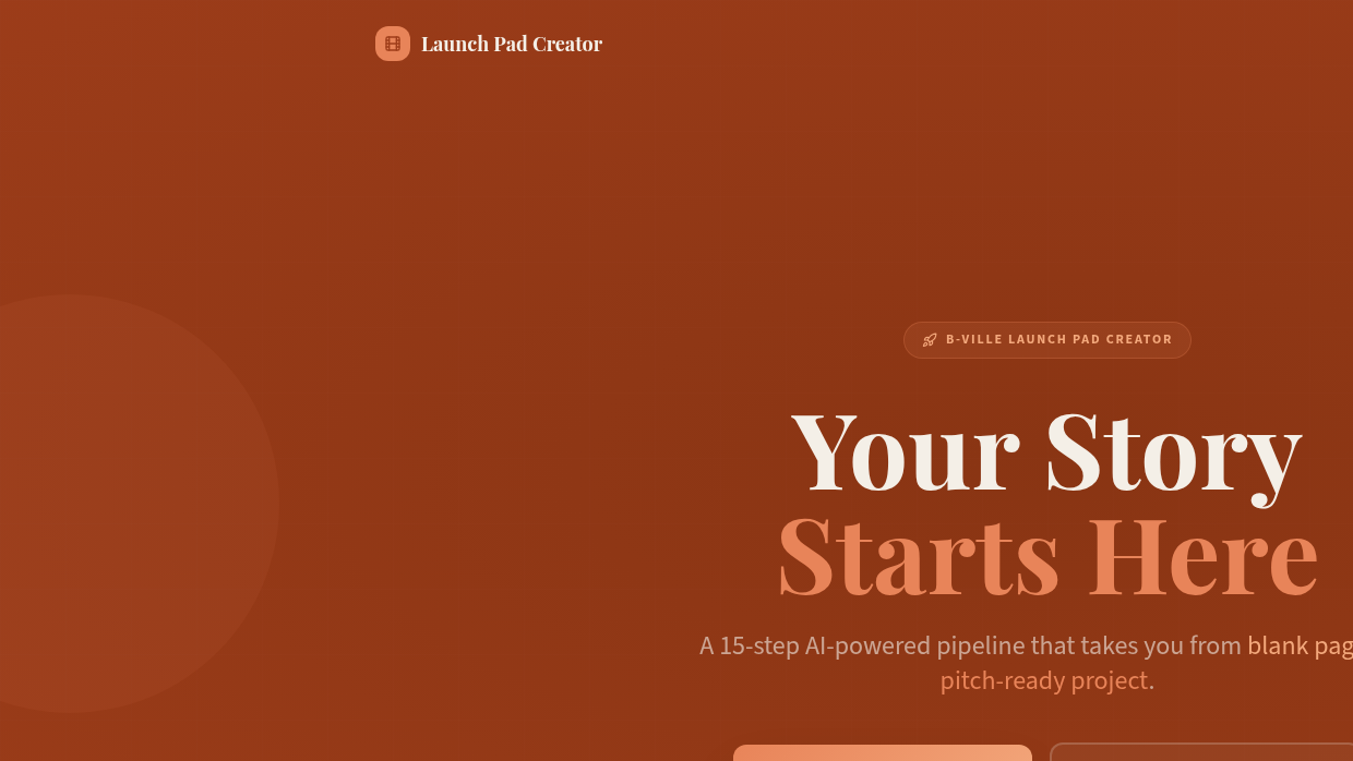 Launch Pad Creator homepage showing its guided 15-step story pipeline